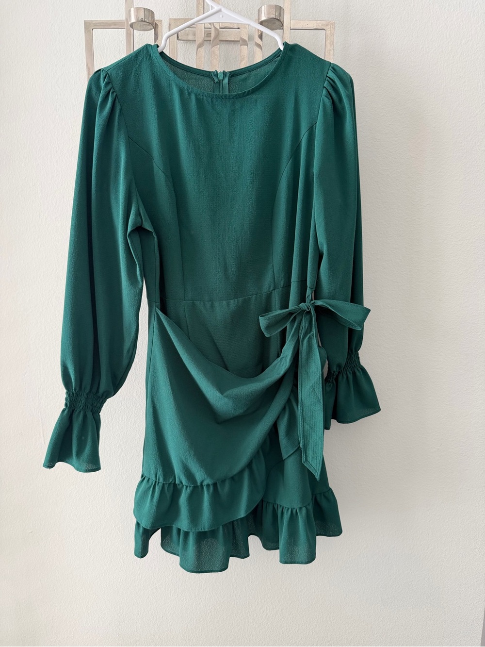 Green Ruffle Wrap-Style Long Sleeve Mini Dress